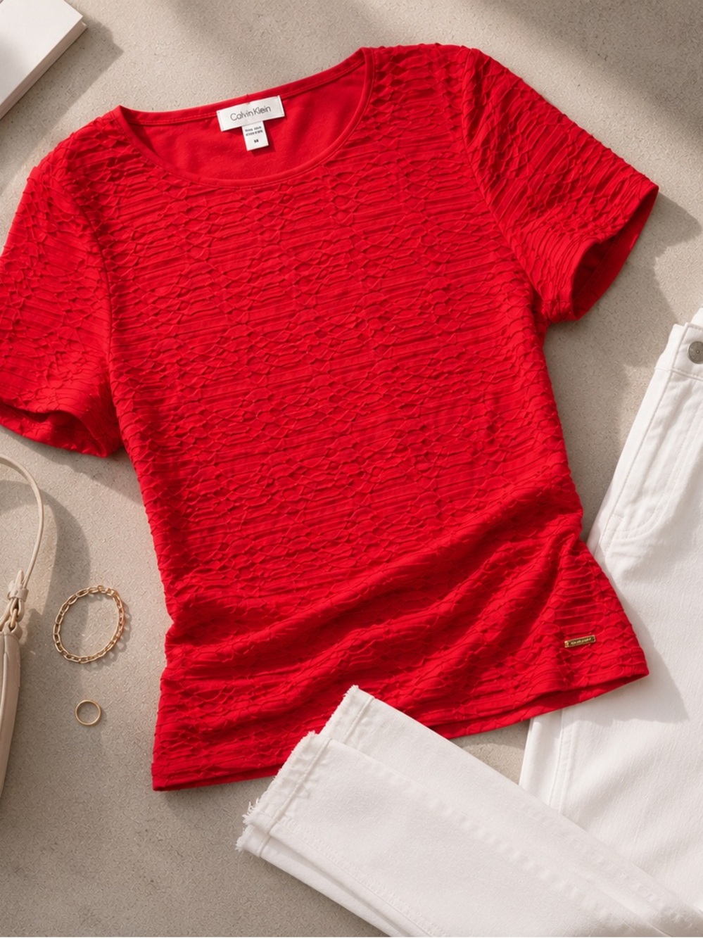 Calvin Klein Red Textured Short-Sleeve Women's Top